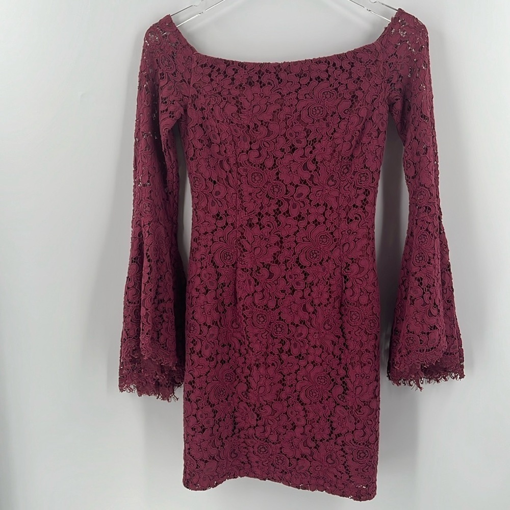 Bardot Solange Bell Sleeve Lace Cocktail Dress Burgundy Off Shoulder 4